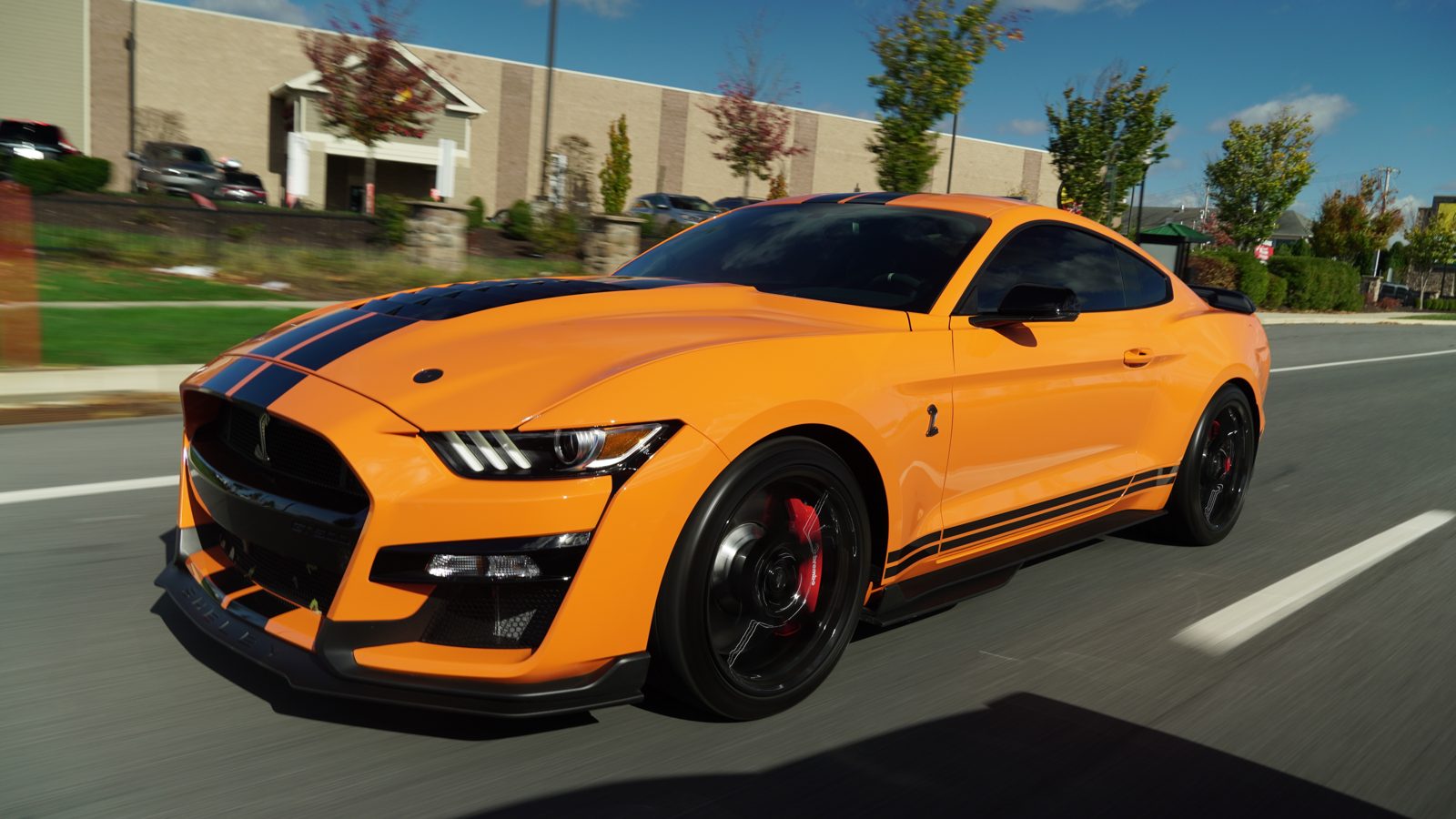 Detailed orange Shelby GT500 on the road near Roxboro, North Carolina